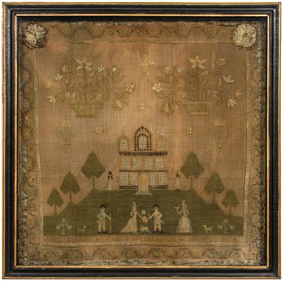 Appraisal: Philadelphia needlework picture silk on linen procession of male and