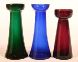 Appraisal: Three Blown Colored Glass Hyacinth Vases Blue green and amethyst