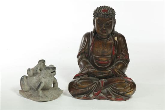 Appraisal: TWO CARVINGS Asian late th- th century Carved wooden seated