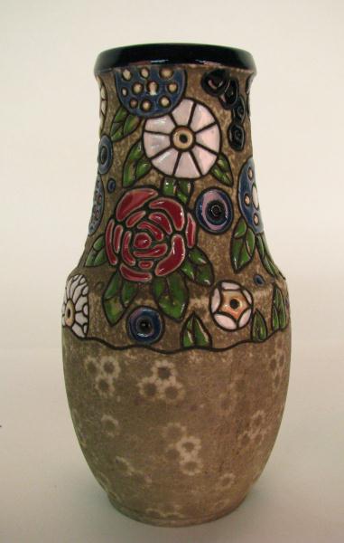 Appraisal: Czechoslovakian Amphora Vase '' high with cobalt rim and enameled