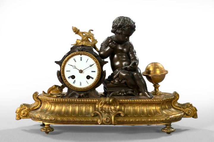 Appraisal: Attractive Napoleon III Gilded and Dark-Patinated Bronze Figural Mantel Clock