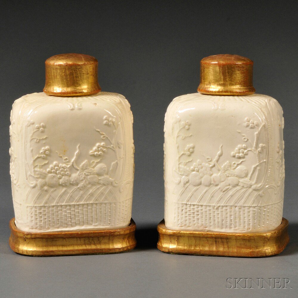 Appraisal: Pair of Staffordshire Cream-colored Earthenware Tea Canisters England c rectangular