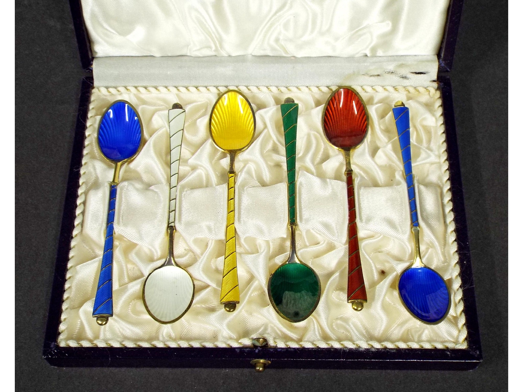 Appraisal: Set of Danish silver-gilt and guilloche enamel coffee spoons cased