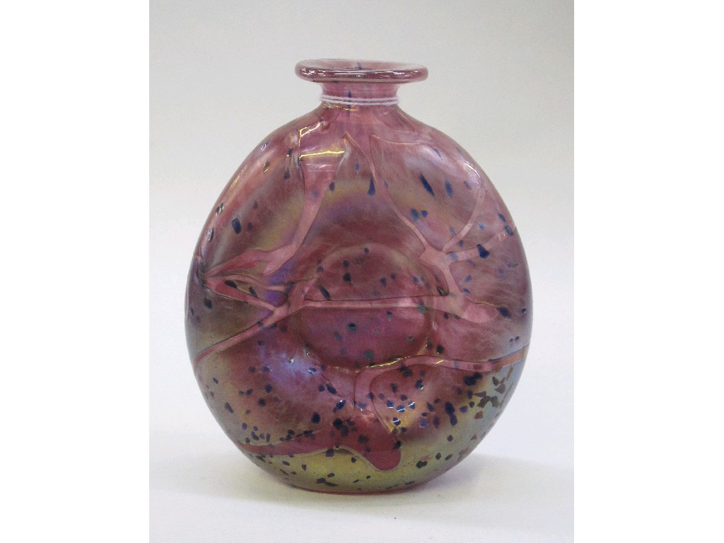 Appraisal: Studio glass pink iridescent vase signed to base