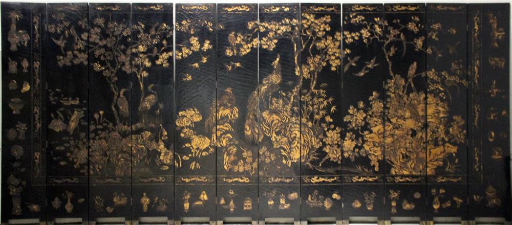 Appraisal: CHINESE BLACK AND GOLD LACQUER -PANEL SCREEN QING DYNASTY TH