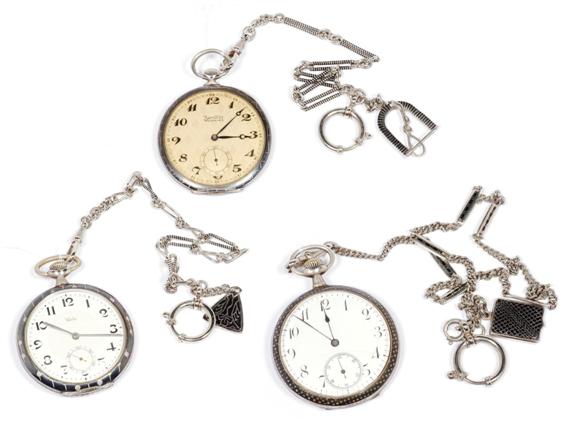 Appraisal: LOT NIELLO POCKET WATCHES ca Silver metal chain Three pocket