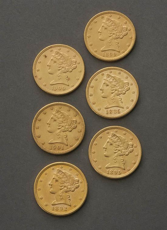 Appraisal: Six U S Liberty Head Five-Dollar Gold Coins Dated -S