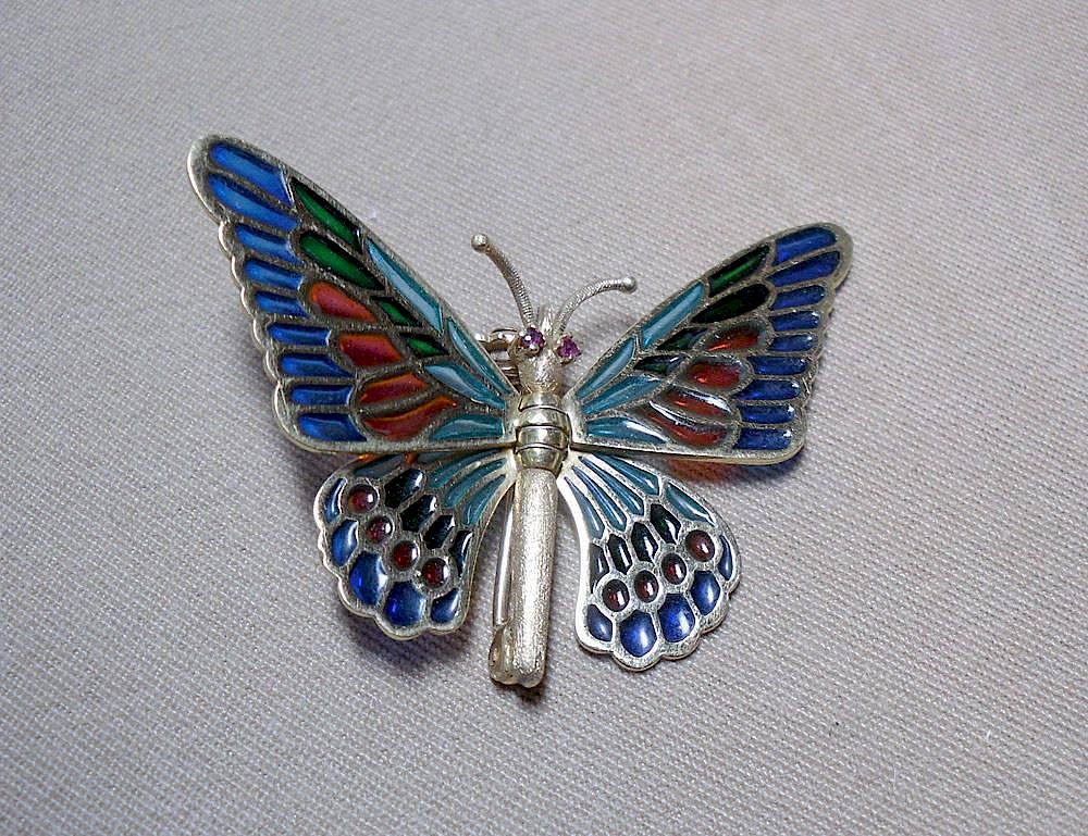 Appraisal: Plique Jour Enameled Butterfly Pin K yellow gold marked setting