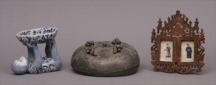 Appraisal: CHINESE HARDSTONE-MOUNTED WHITE METAL COVERED BOX The domed cover decorated