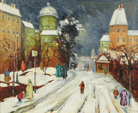 Appraisal: Hungarian town of Sopron winter scene oil on canvas x