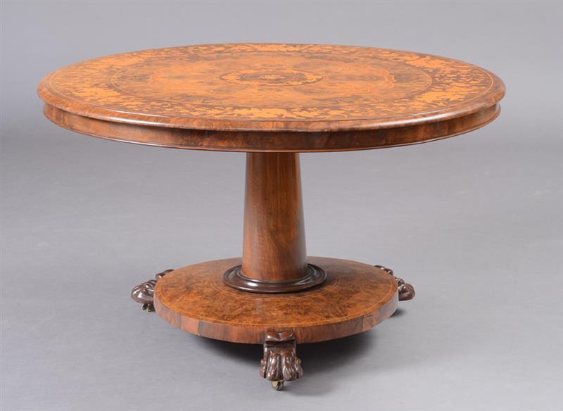 Appraisal: CONTINENTAL WALNUT AND FRUITWOOD MARQUETRY CENTER TABLE POSSIBLY AUSTRIAN The