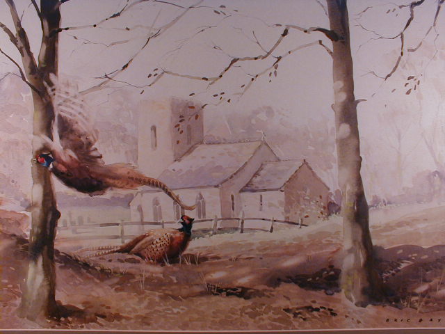 Appraisal: Eric Day Autumnal scene with a rural church and cock