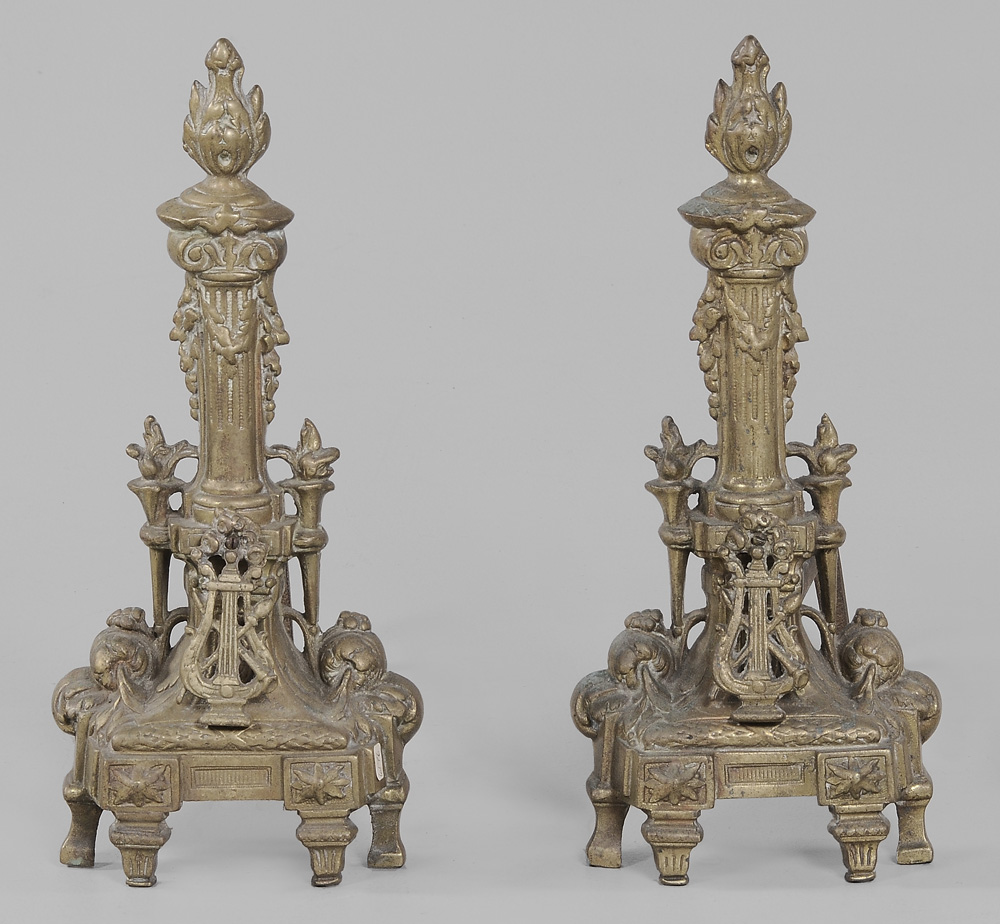 Appraisal: Pair Louis XVI Style Bronze Andirons early th century reeded