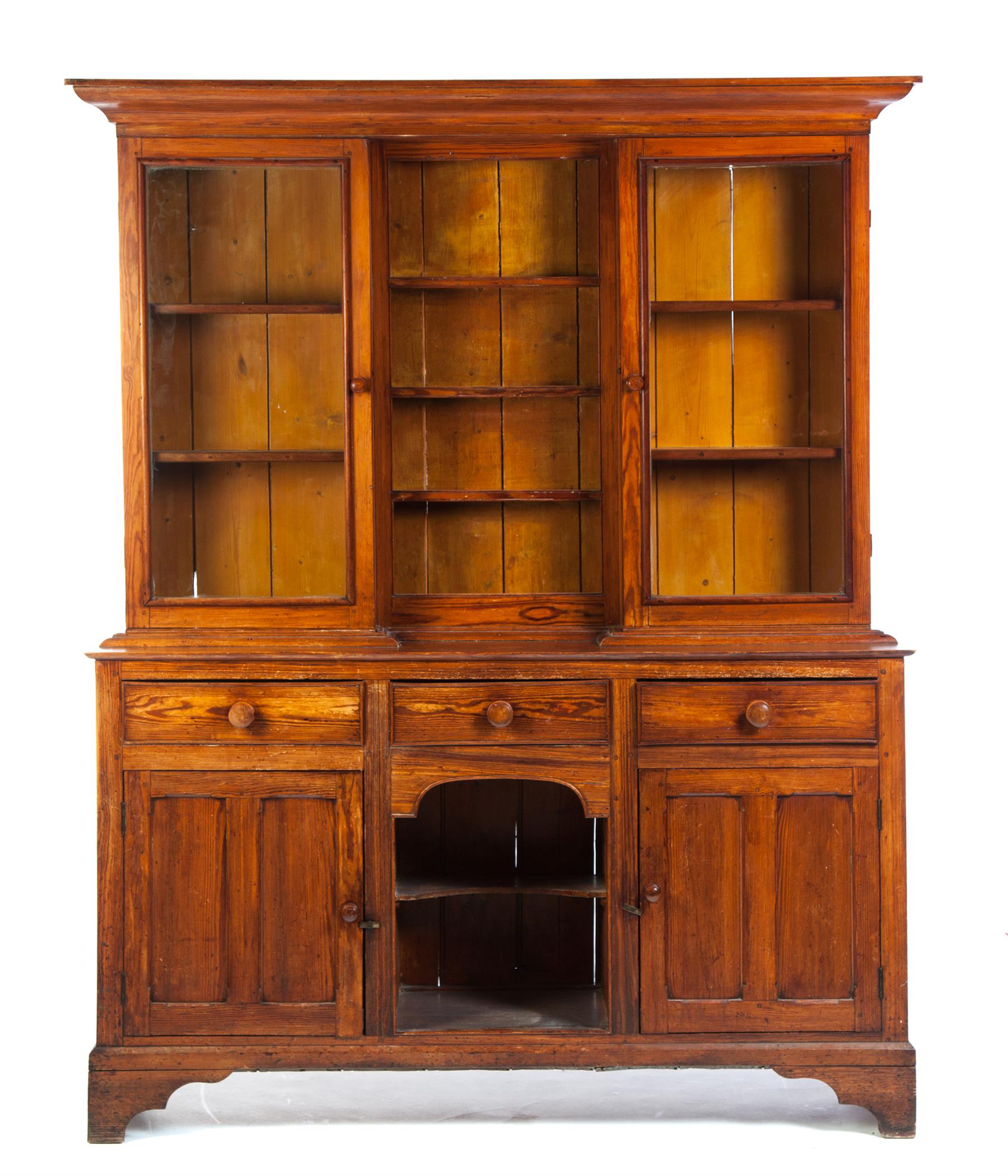 Appraisal: ENGLISH STEPBACK CUPBOARD Second half- th century pine Two-piece cupboard