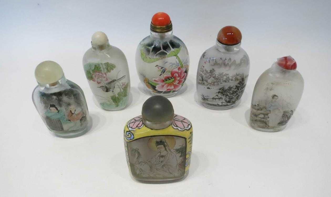 Appraisal: SEVEN CHINESE REVERSE PAINTED GLASS SNUFF BOTTLES various flattened forms