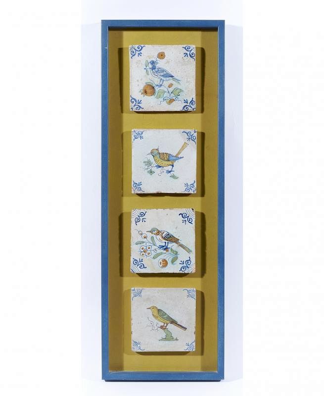 Appraisal: Four th th c Delft bird tiles in shadowbox frame