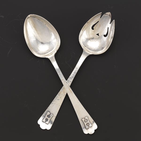 Appraisal: HANDWROUGHT ARTS CRAFTS STERLING SALAD SERVERS L F Novick Chicago