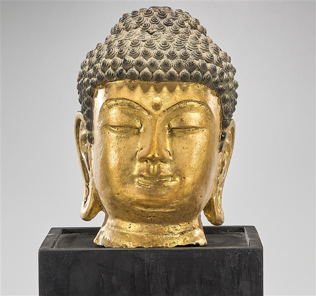 Appraisal: Korean parcel-gilt bronze head of Buddha wood plinth H approx