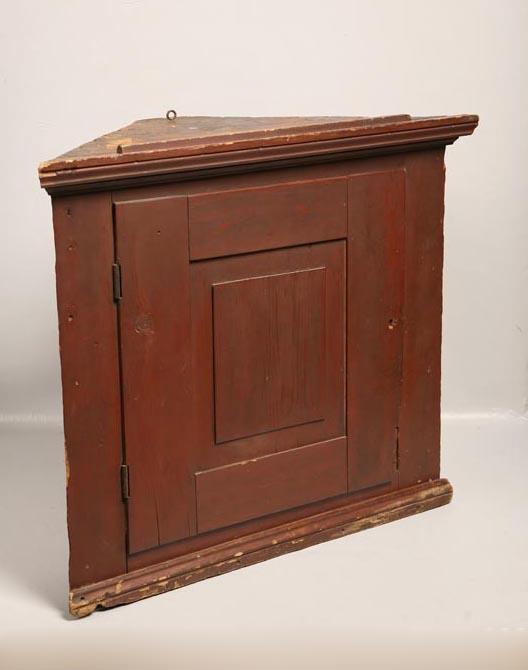 Appraisal: PAINTED HANGING CORNER CUPBOARD American st half- th century pine