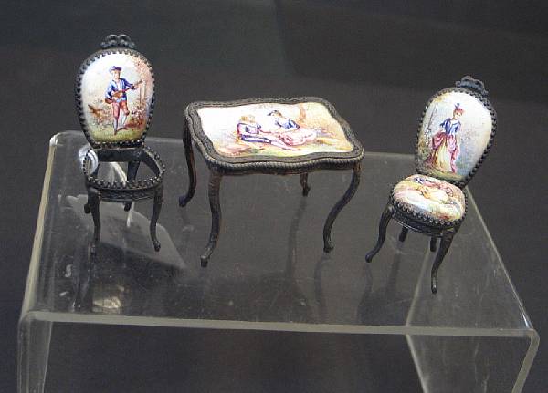 Appraisal: A Continental silver and enamel three-piece miniature salon suite early