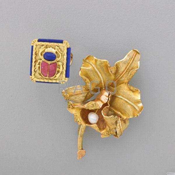 Appraisal: K YELLOW GOLD ORCHID BROOCH AND SCARAB RING Condition Report