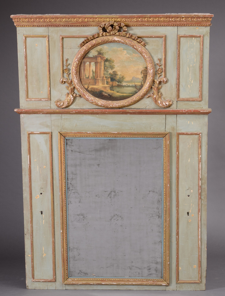 Appraisal: LOUIS XVI PAINTED AND PARCEL-GILT TRUMEAU MIRROR With a leaf-tip