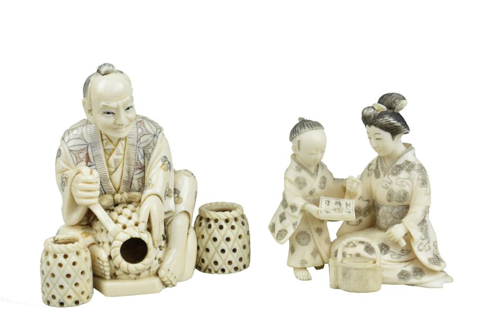 Appraisal: TWO JAPANESE OKIMONO The first signed of a basket weaver