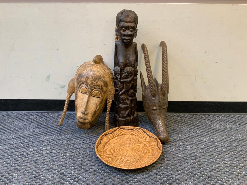 Appraisal: AFRICAN OR OCEANIC CARVED WOOD FIGURAL GROUP TWO MASKS AND