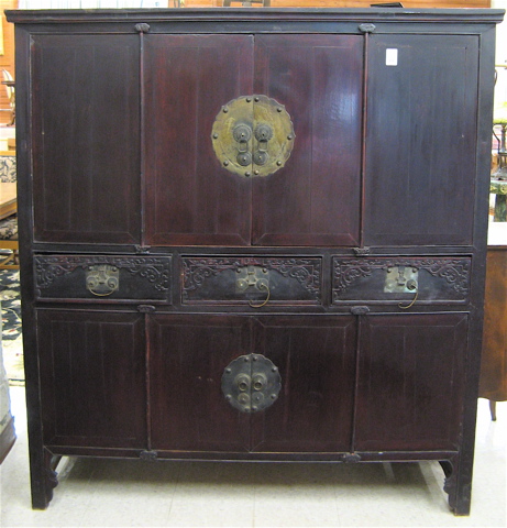 Appraisal: LARGE CHINESE CUPBOARD the top and bottom halves separated by