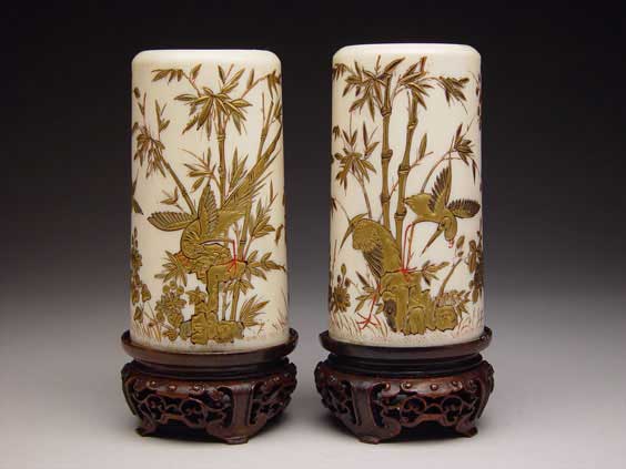 Appraisal: PAIR LACQUERED IVORY VASES Pair antique Japanese lacquered ivory miniature