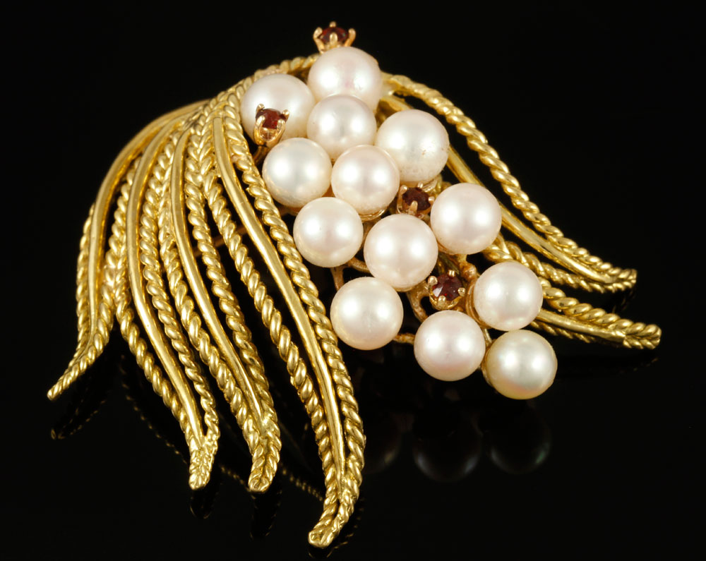 Appraisal: - K Gold Pearl and Garnet Brooch K yellow gold