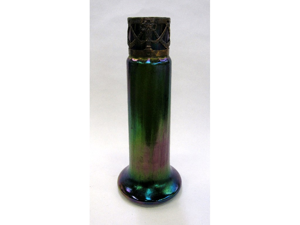 Appraisal: Art Nouveau iridescent glass vase with metal mount