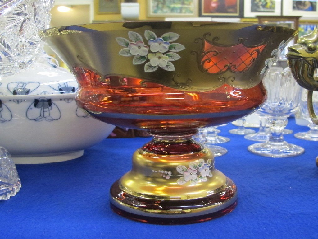 Appraisal: Italian red glass bowl on stand with applied flower decoration