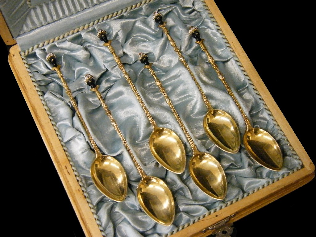 Appraisal: Boxed set of six silver gilt and enamel demi-tasse Austrian