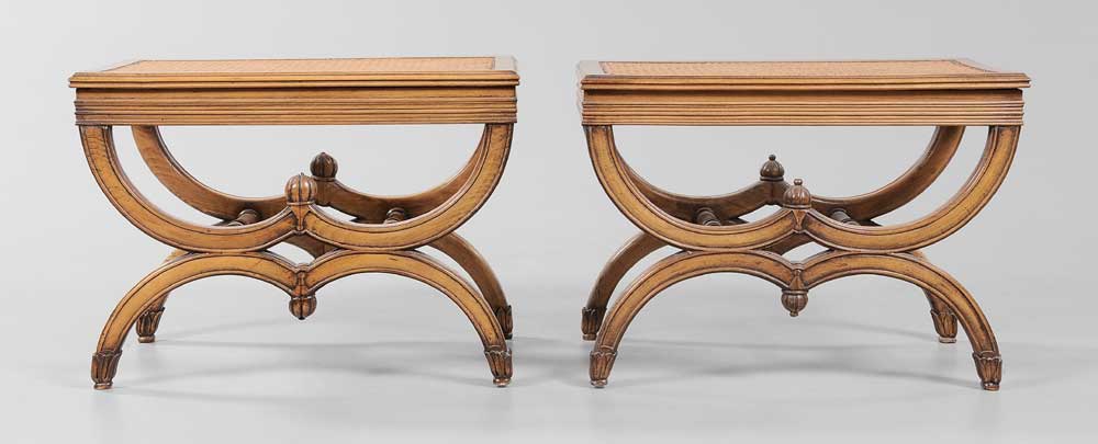 Appraisal: Pair Curule-Form Caned Benches modern benches or stools each with