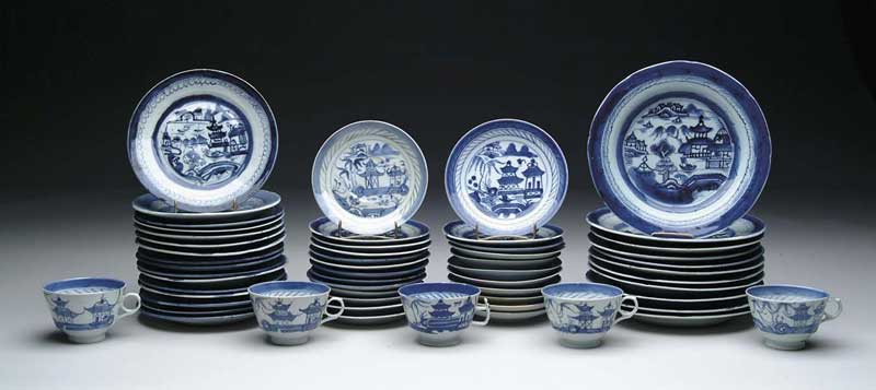 Appraisal: SIXTY-TWO PIECES OF BLUE AND WHITE CANTON Lot includes Fourteen