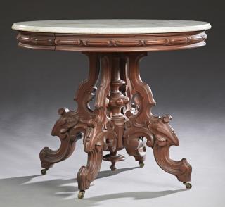 Appraisal: American Carved Walnut Marble Top Center Table American Carved Walnut