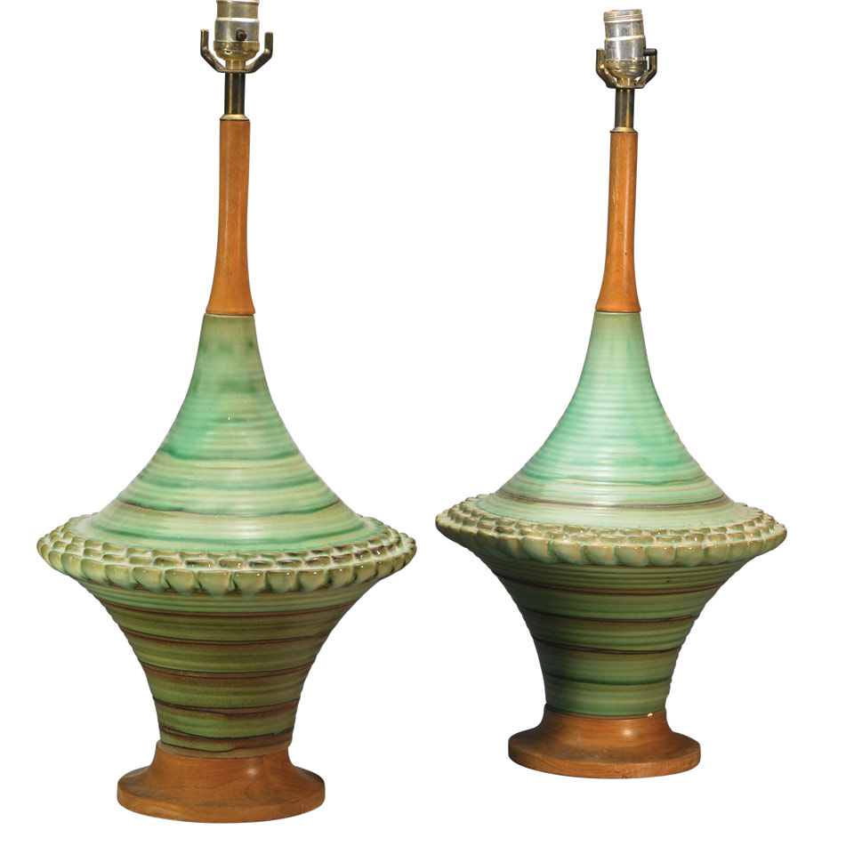 Appraisal: Pair of Art Moderne Ceramic and Walnut Table Lamps c