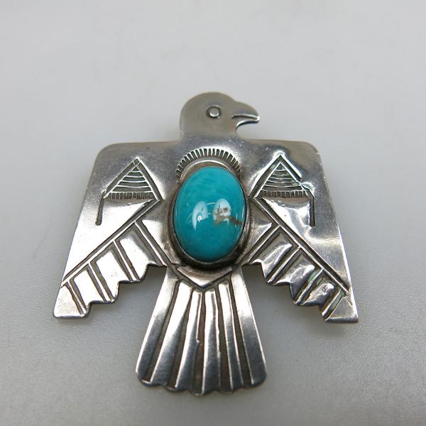 Appraisal: South West Coin Silver Eagle Brooch set with turquoise marked