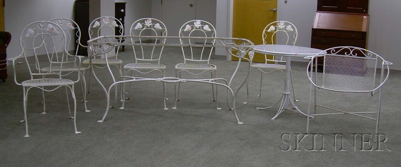 Appraisal: Nine Pieces of White-painted Iron Patio Furniture a set of