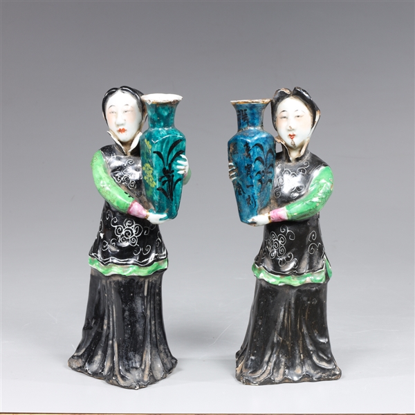 Appraisal: Pair antique Chinese circa s enameled porcelain joss stick holders