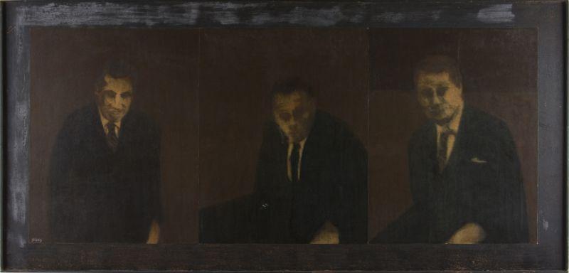 Appraisal: James Gill CA b The Executive Triptych crayon on paper