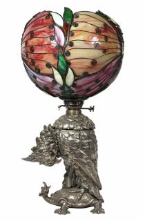 Appraisal: Art Nouveau leaded glass and silverplate figural table lamp Art