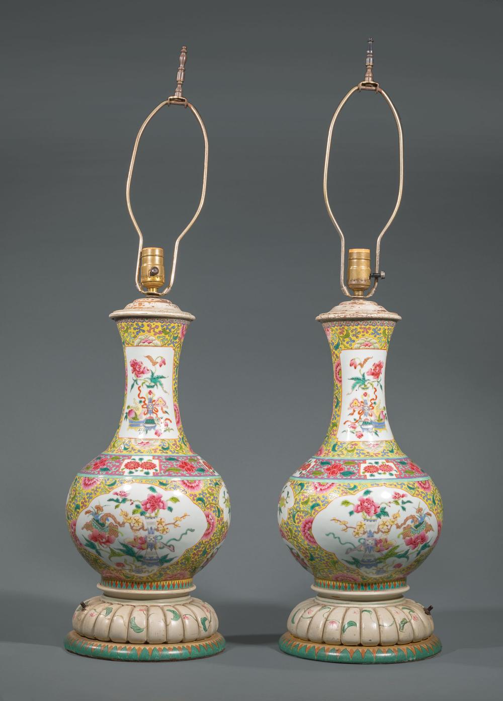 Appraisal: Pair of Chinese Famille Jaune Porcelain Bottle Vases decorated with