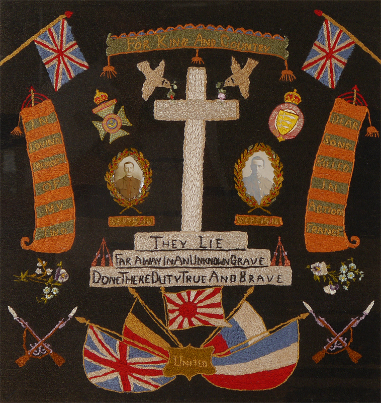 Appraisal: WWI MEMORIAL NEEDLEWORK Hand worked ''In Loving Memory of My