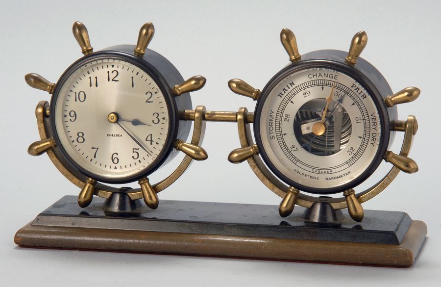 Appraisal: CHELSEA BRASS SHIP'S WHEEL CLOCK AND BAROMETER SET Diameter of