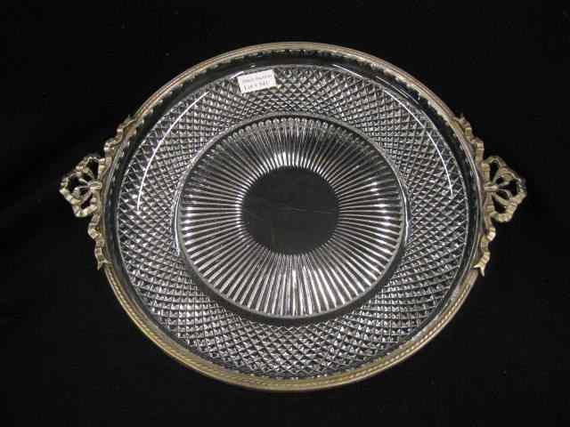 Appraisal: Cut Glass Tray fancy silverplate trim with bow design ''