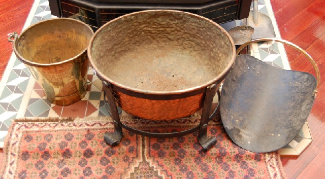 Appraisal: TWO BEATEN COPPER FIRE BUCKETS AND A BASKET