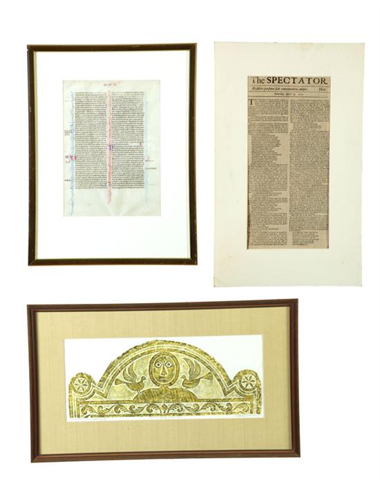 Appraisal: ILLUMINATED LEAF EARLY NEWSPAPER AND TOMBSTONE RUBBING Ink on vellum