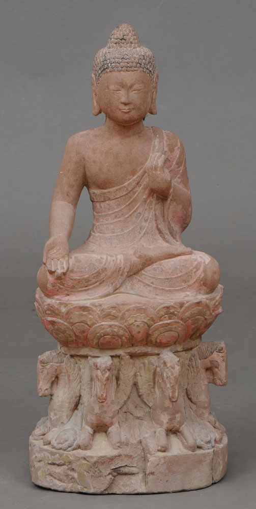 Appraisal: CHINESE SANDSTONE FIGURE OF BUDDHA TANG STYLE Seated on a